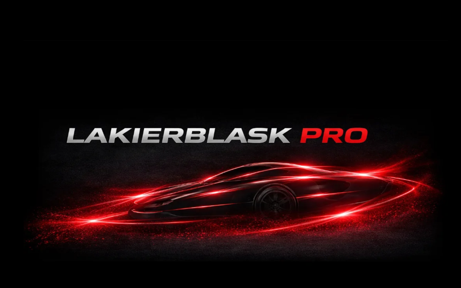 Stylizowana grafika samochodu z czerwonym efektem świetlnym i logo LakierBlask Pro